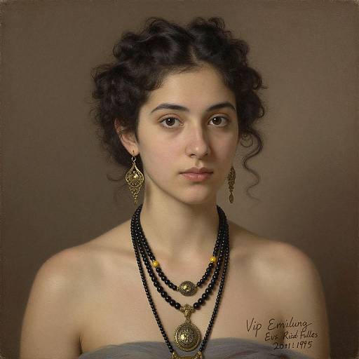 Digital portrait of a young woman with curly dark hair, brown eyes, wearing gold earrings and black bead necklaces, against a brown background. Signed 