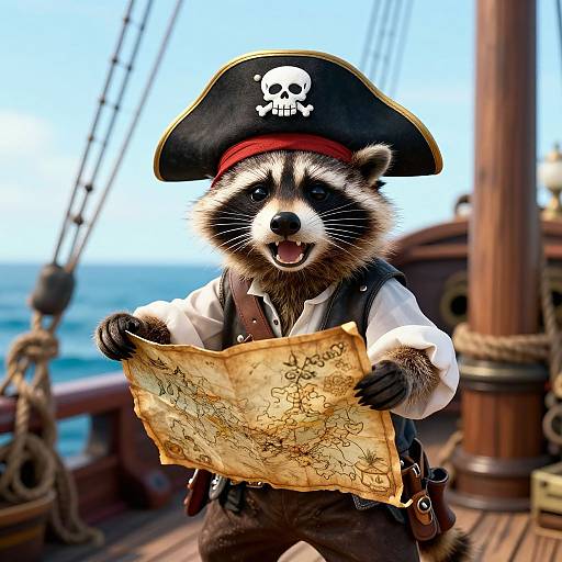 Photorealistic image of a raccoon pirate holding a map, wearing a black tricorn hat with skull and crossbones, white shirt, and brown
