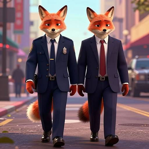 Digital artwork of two anthropomorphic foxes in blue police uniforms with badges, walking down a city street with blurred, colorful background.