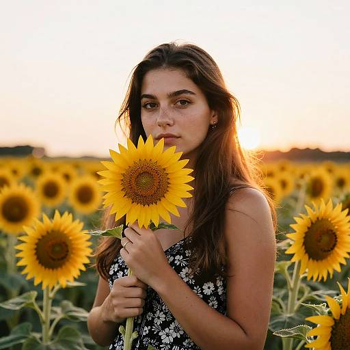 Photograph of a young woman with long brown hair holding a sunflower, wearing a black floral dress, standing in a sunflower field at sunset.