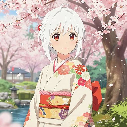 Anime-style illustration of a cute, white-haired girl in a floral kimono, standing under cherry blossom trees with a serene garden background.