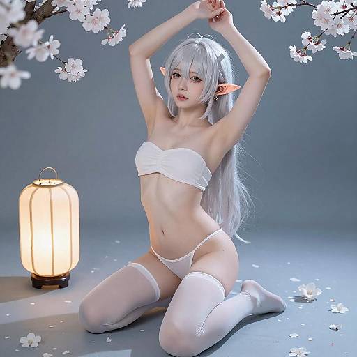 Anime Silver-Haired Elf in Cherry Blossoms