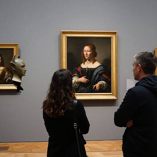 Photograph of three people in an art gallery, viewing a portrait of a serene woman in a dark dress, framed in gold.