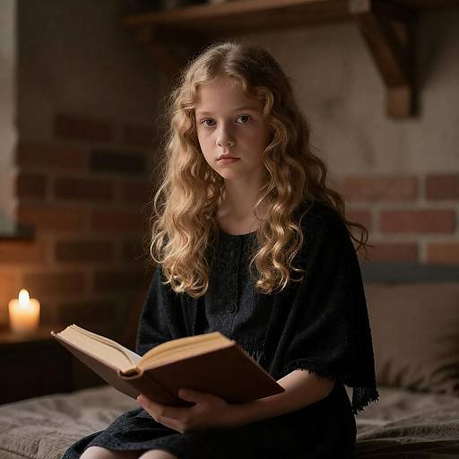 Serious Girl Reading in Rustic Room