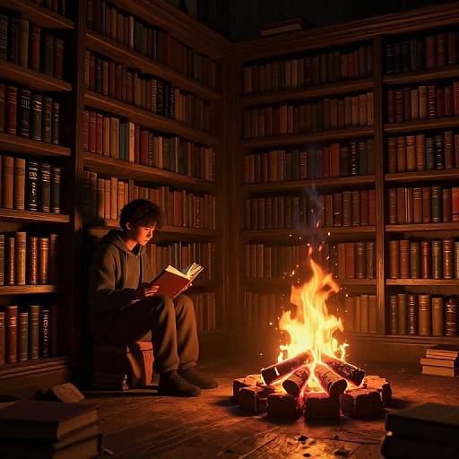 Photograph of a man with dark hair, reading a book by a roaring fire, seated in a dimly lit, wooden library with tall booksh