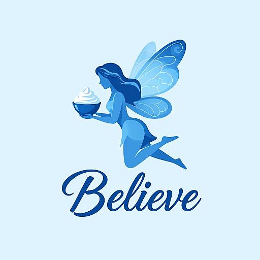 Digital illustration of a blue fairy silhouette with delicate wings, holding a bowl, and the word 