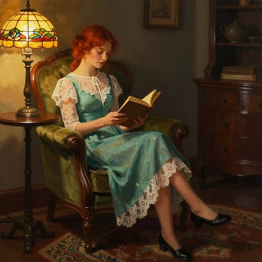Photograph of a red-haired woman in a teal lace dress, reading a book in a dimly lit, vintage room with a stained-glass lamp