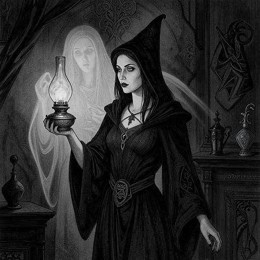 Digital black-and-white illustration of a witch in a pointed hat holding a lantern, with a ghostly figure behind her in a dimly lit, orn