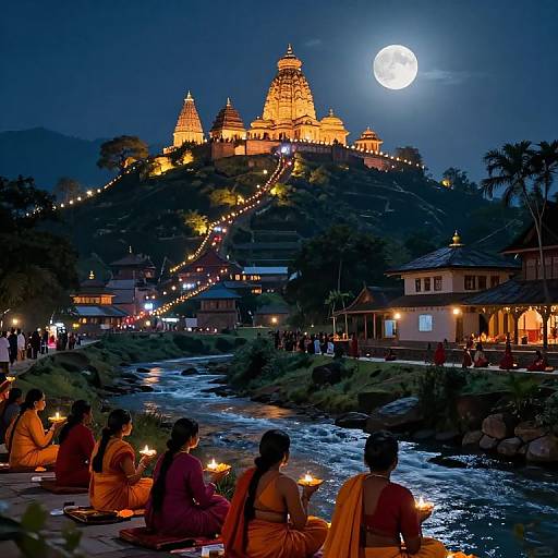 Photograph of monks lighting lamps by a river, illuminated temple complex at night with full moon, string lights, and traditional buildings.