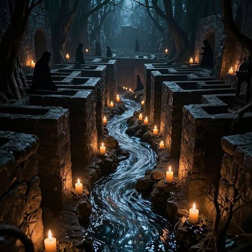 Mysterious, dimly-lit stone maze with a winding, illuminated blue stream, surrounded by glowing candles and shadowy figures in a foggy,