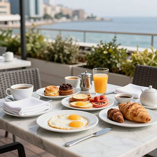 Bright breakfast table by seaside, featuring eggs, pancakes, croissants, fruit, orange juice, coffee, and teapot, on marble table with