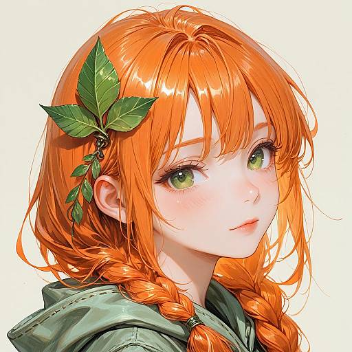 Portrait of Girl with Orange Braids and Leaf Hair Ornament