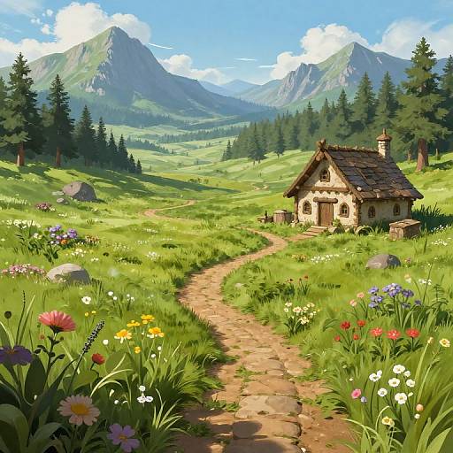 Colorful digital illustration of a quaint stone cottage with a thatched roof, nestled in a vibrant, flower-filled meadow, with a winding stone path