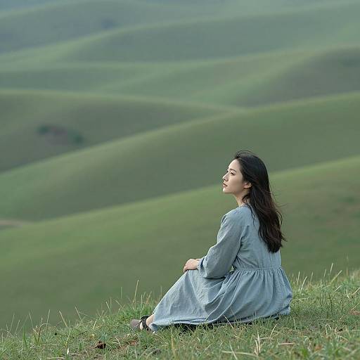 Photograph of a young woman with long dark hair, wearing a light blue, long-sleeved dress, sitting on a grassy hill, g