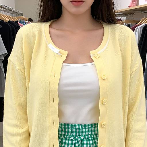 Young woman with long dark hair, wearing yellow cardigan, white tank top, and green checkered skirt, standing in a brightly lit clothing store.