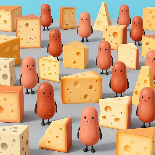 Digital illustration of cute, red, bird-like creatures with black eyes and smiles standing among various-sized Swiss cheese cubes on a blue background.