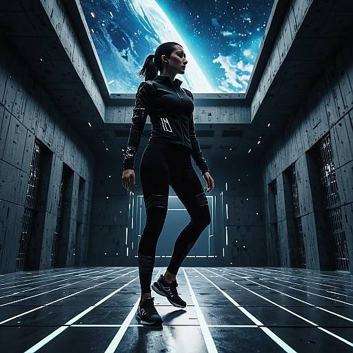 Athletic Woman in Futuristic Space Environment