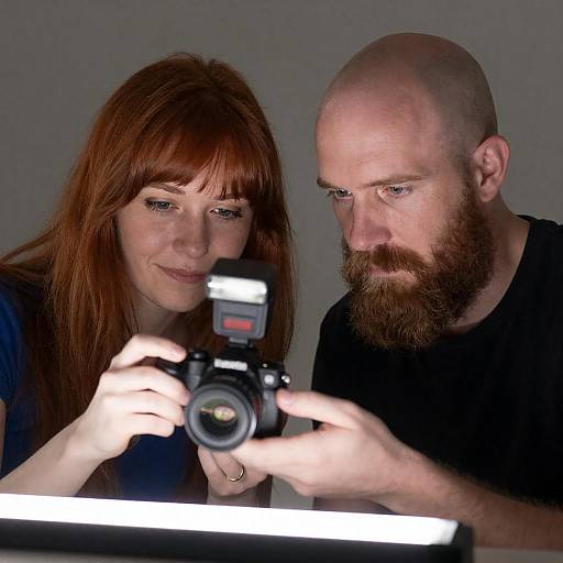 Bearded Man and Redhead Examining Figurine