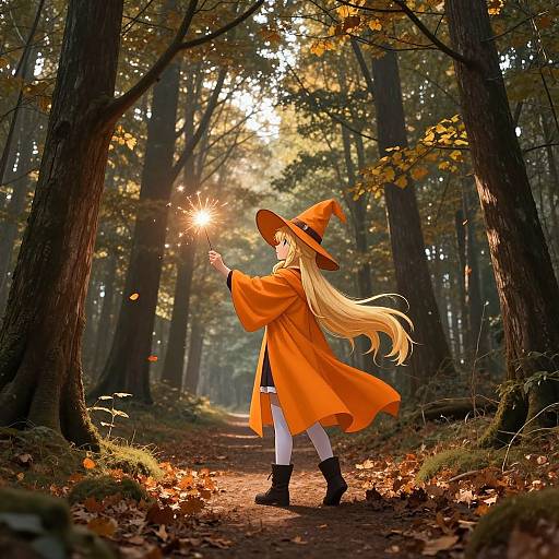 Digital art: Blonde witch in orange cloak and hat, holding a glowing wand, stands on a forest path with autumn leaves. Sunlight filters through tall
