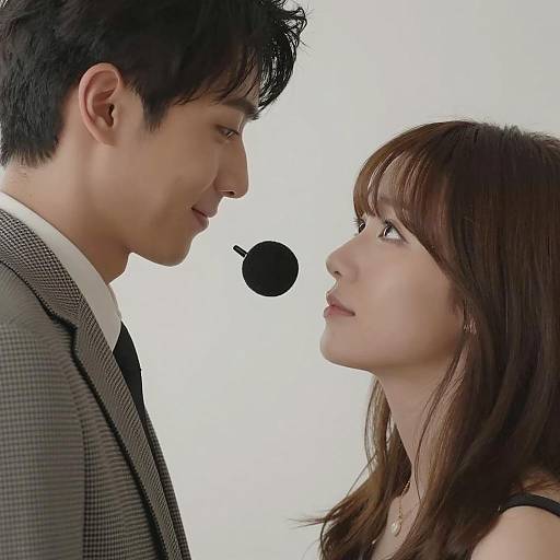 Close-up of man and woman with microphone