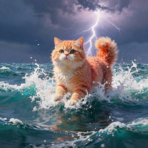 Photorealistic digital art of an orange tabby kitten standing defiantly in turbulent ocean waves, lightning striking behind it, creating a dramatic, stormy