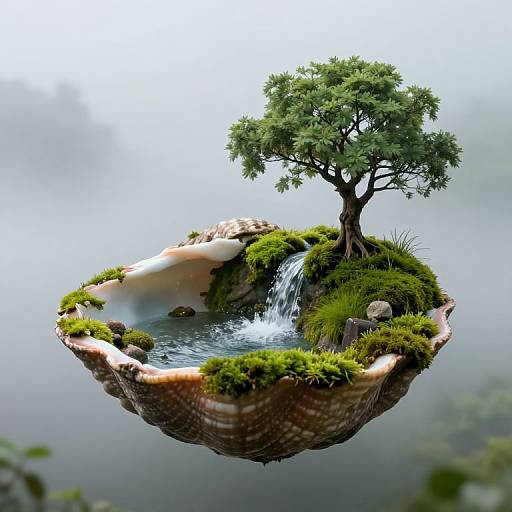 Floating miniature island with tree, waterfall, pond, moss, and rocks in CGI style; set against a misty, blurred background.