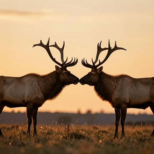 Photograph of two male elk with large antlers facing each other, nose-to-nose, in a sunset-lit grassy field.