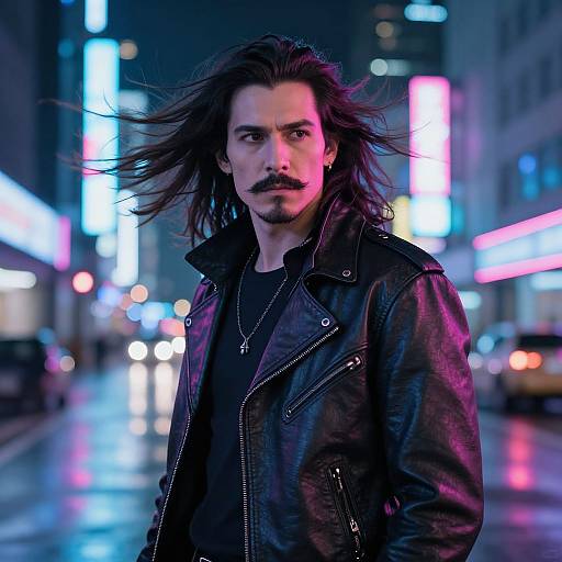 Photograph of a rugged, long-haired man with a mustache in a black leather jacket, standing in a neon-lit, rainy city street.