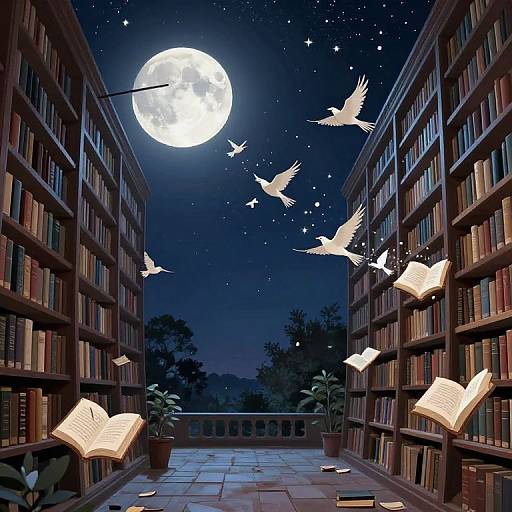 Night library with full moon, starry sky, flying white doves, open books floating, tall bookshelves on either side, potted plants