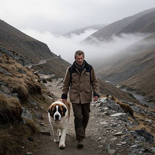 Photograph of a bearded man in a brown jacket walking a large St. Bernard dog on a misty mountain path, surrounded by rocky terrain and