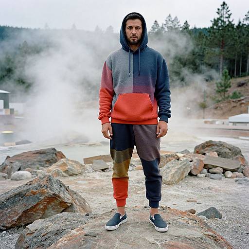 Man in Vibrant Hoodie at Geothermal Plant