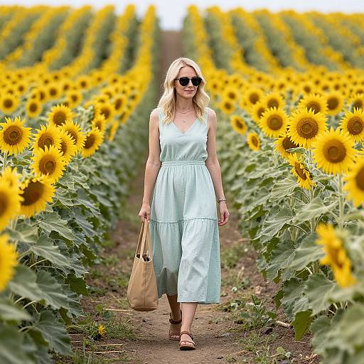 Blonde woman in light blue dress and sunglasses walks through sunflower field, holding beige bag, surrounded by vibrant yellow flowers. Photographic image.