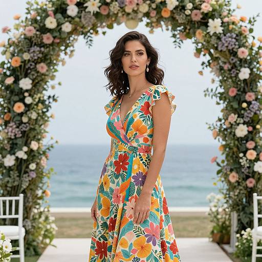 Photograph of a dark-haired woman in a colorful floral dress standing under a flower-adorned archway with ocean view in background.