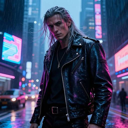 Photorealistic digital art of a wet, silver-haired man in a black leather jacket, standing in a neon-lit, rainy city street at dusk