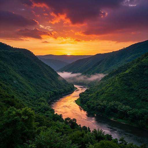 Photograph of a vibrant sunset over a winding river, nestled between dense, green forested hills, with dramatic, colorful clouds and mist.