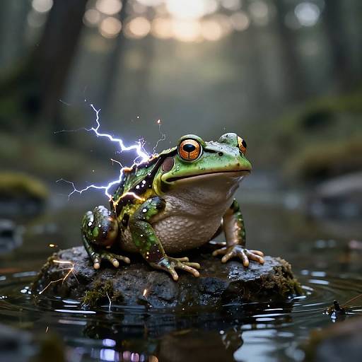 Photograph of a green frog with orange eyes and electric blue lightning bolts emanating from its back, sitting on a mossy rock in a misty