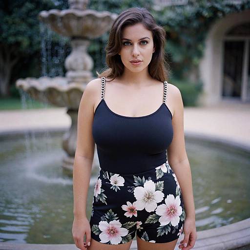Photograph of a young woman with long brown hair, fair skin, wearing a black tank top with floral shorts, standing in front of a fountain in