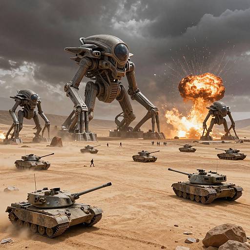 Photorealistic CGI of a desert battlefield with towering, metallic, insectoid robots exploding in the background, surrounded by scattered tanks and small soldiers.