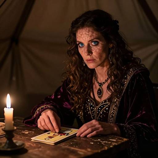 Photograph of a woman with blue eyes, curly brown hair, and medieval attire, illuminated by candlelight, focusing on a book in a dimly
