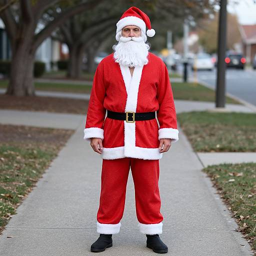Photograph of a man in a full Santa Claus outfit, standing on a suburban sidewalk with trees and parked cars in the background.