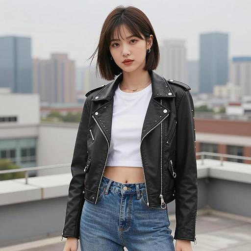 Stylish Young Woman in Leather Jacket on Rooftop