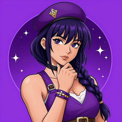 Anime-style digital drawing of a cute, fair-skinned woman with purple hair in a braid, wearing a beret and purple top, set against