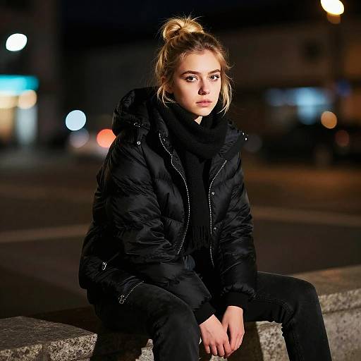 Photograph of a young woman with blonde hair in a bun, wearing a black puffy jacket and scarf, sitting on a stone bench at night,