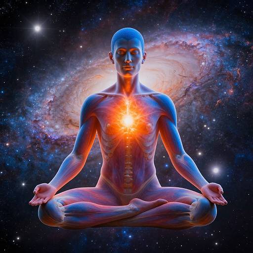 Digital artwork of a blue and red illuminated, bald, meditating human with a glowing heart, seated cross-legged, against a cosmic background with a spiral