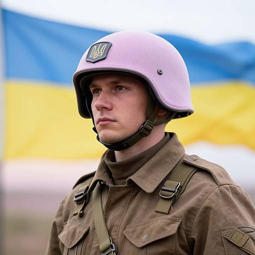Photograph of a young Caucasian male soldier with fair skin, wearing a white helmet, brown uniform, and olive-green straps, standing in front of a