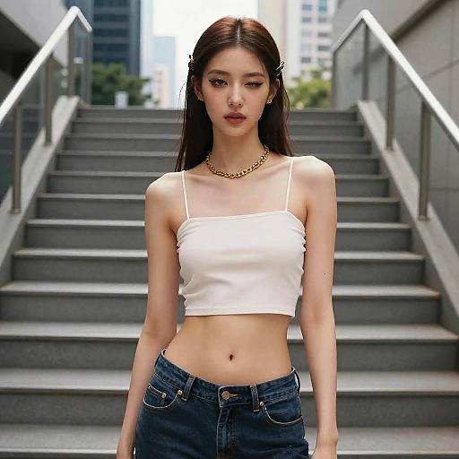 Photograph of an Asian woman with long brown hair, wearing a white crop top and blue jeans, standing on urban stairs, cityscape background, daytime