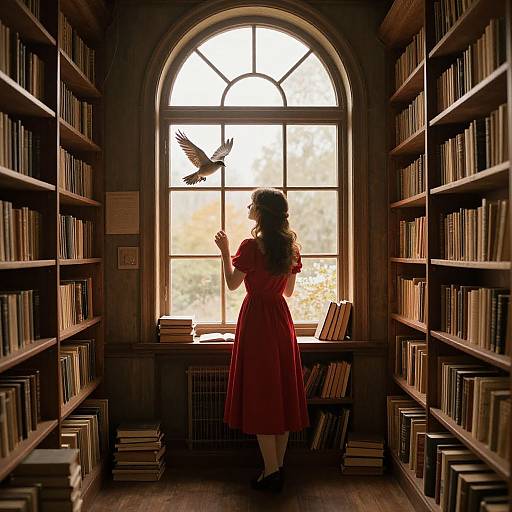 Photograph of a young girl in a red dress, standing in a sunlit library, facing a large arched window, with a bird perched