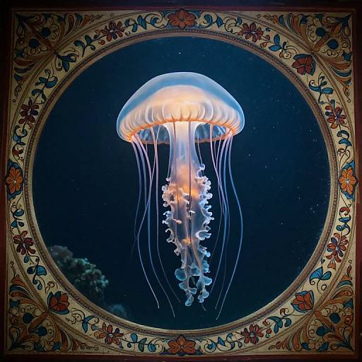 Photograph of a glowing blue and white jellyfish with translucent tentacles, framed by an ornate circular border with floral patterns, set against a dark