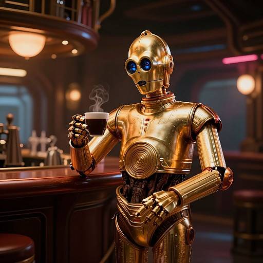 Glowing gold robot with blue eyes holding a steaming cup, standing at a dimly lit bar with warm, ambient lights.