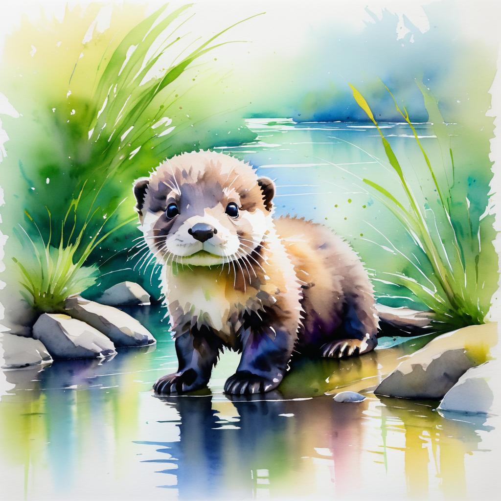 Vibrant Watercolor of Baby Otter Pup